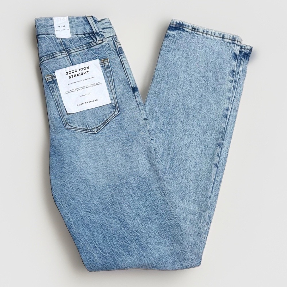Good American Good Icon Straight Jeans Size 0/25 High Rise Light Blue Denim